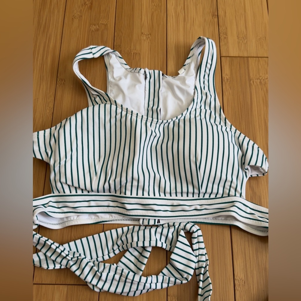 Striped White and Green Bikini Top